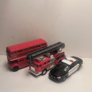 Red Fire Truck, Black and White Police Car, and Red London Bus Toy Set